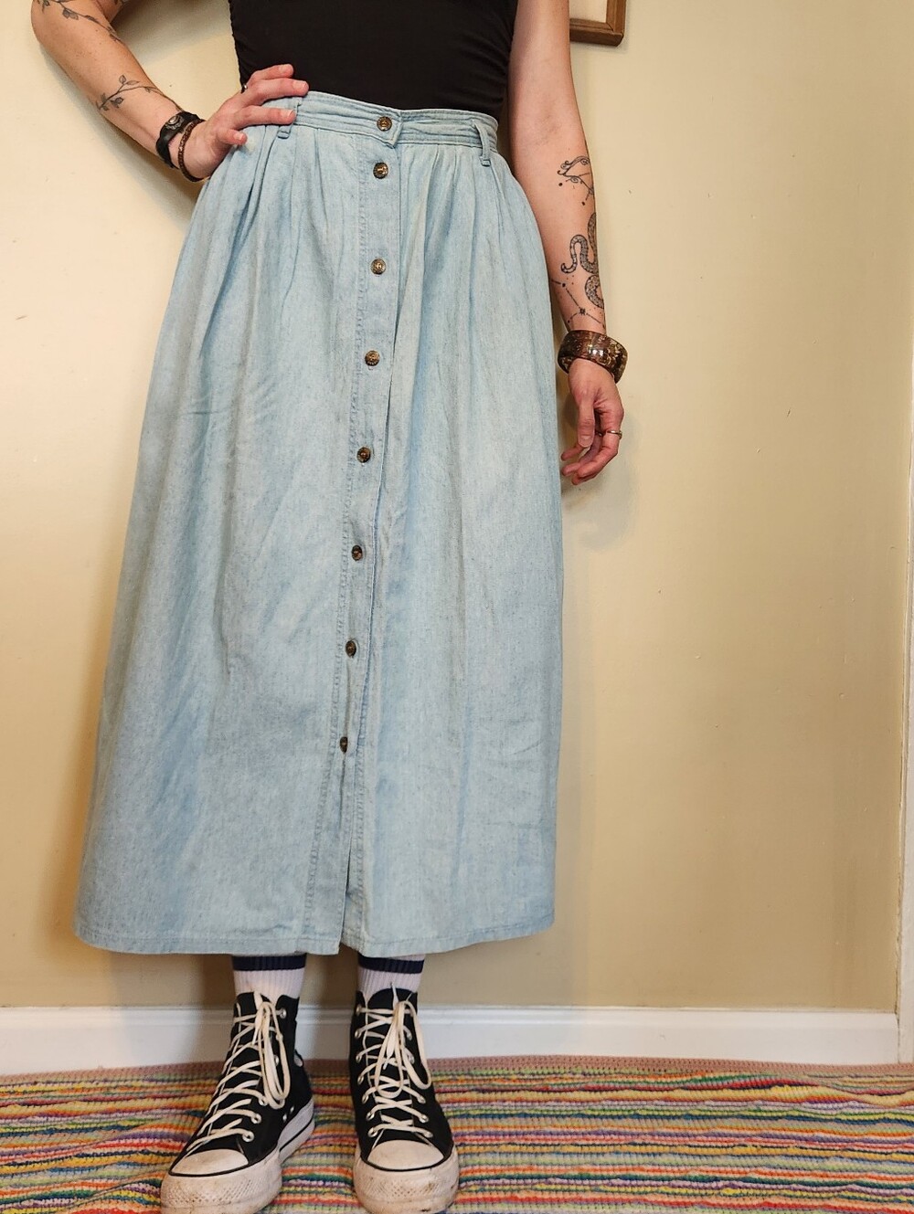 Vintage 1980s Levi’s Dockers 100% Cotton Chambray Midi Skirt - Picture 7 of 16